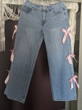 Light Blue Wide-Leg Jeans with Pink Ribbon Bows